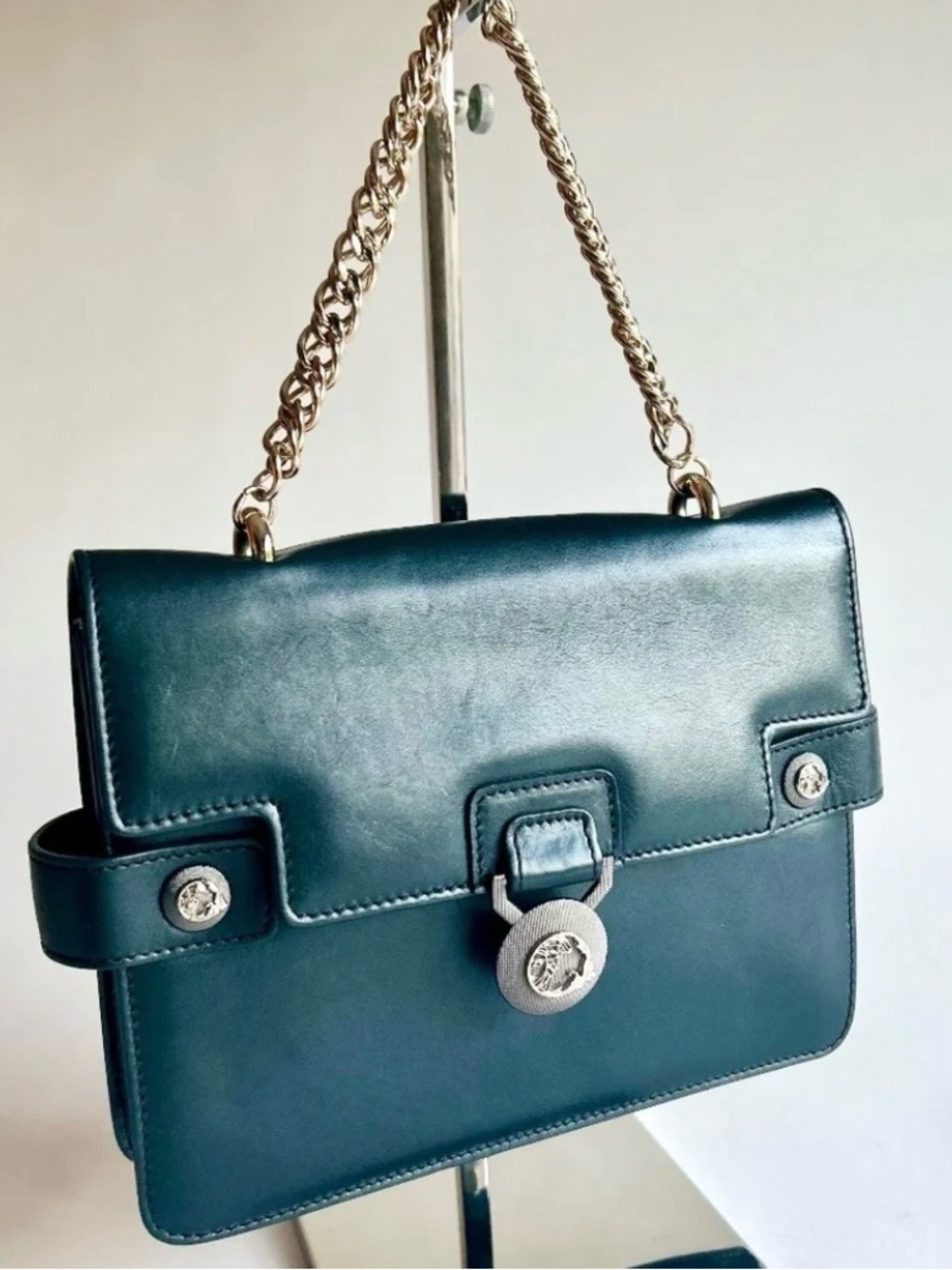 Versace Collecting Navy Genuine Leather Gold Chain Handbag Shoulder Bag.